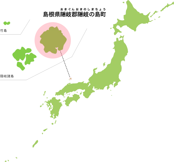 日本地図上で島根県隠岐郡隠岐の島町の位置を拡大して示した地図